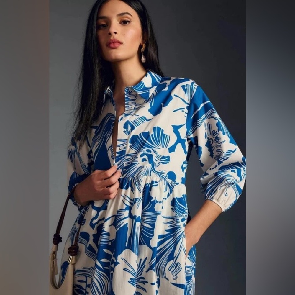 Anthropologie the Bettina shirt dress in blue white floral - Picture 3 of 7